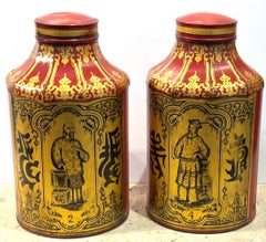Pair of English Regency Red Tôle & Gilt Chinoiserie Tea Caddies, Nos. 2 & 4