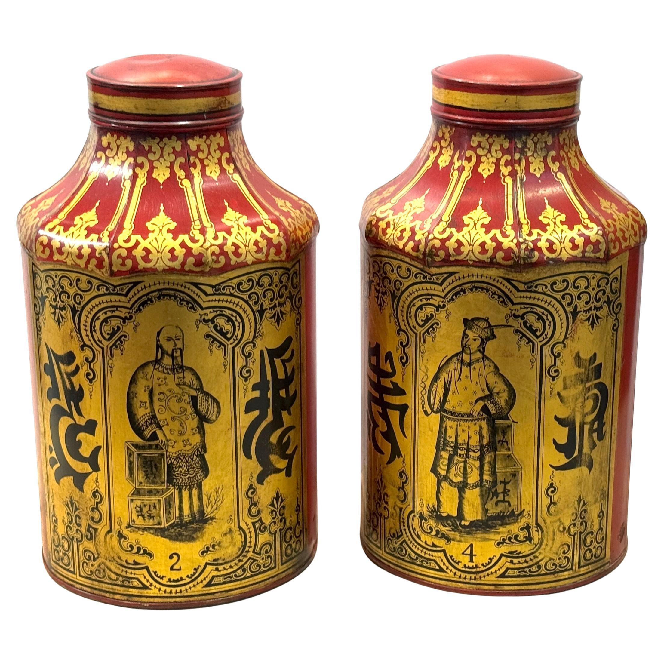 Pair of English Regency Red Tôle 
Gilt Chinoiserie Tea Caddies, Nos. 2 
4 For Sale