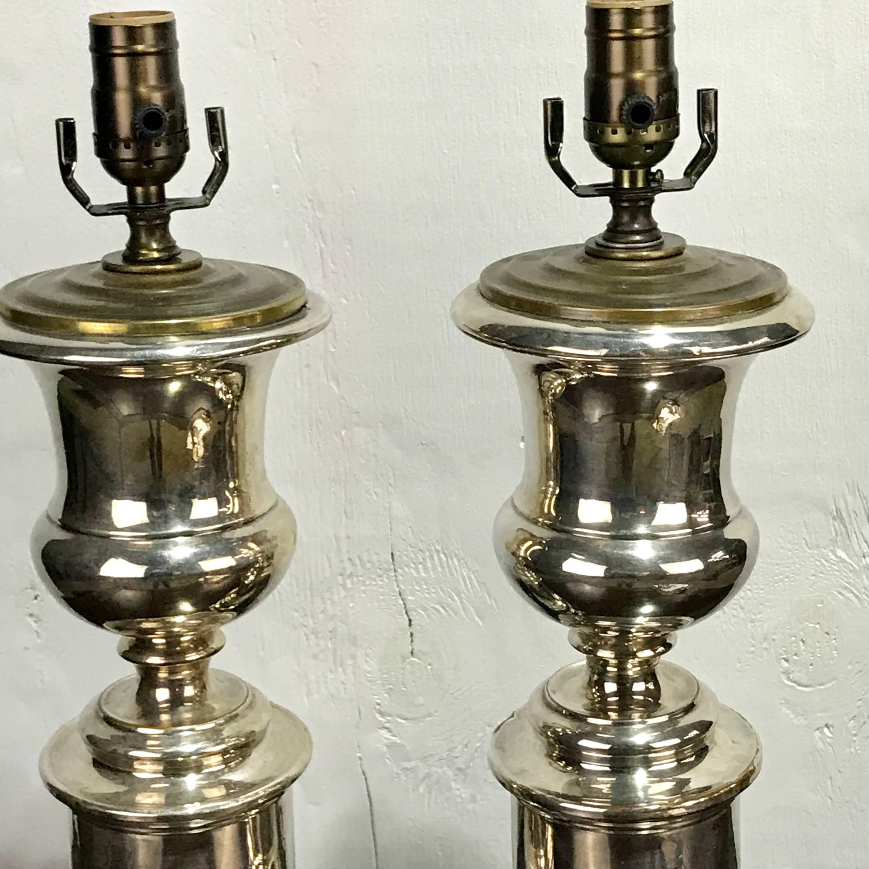 Regency Revival Pair of English Regency Silver Plated Urns Now as Lamps