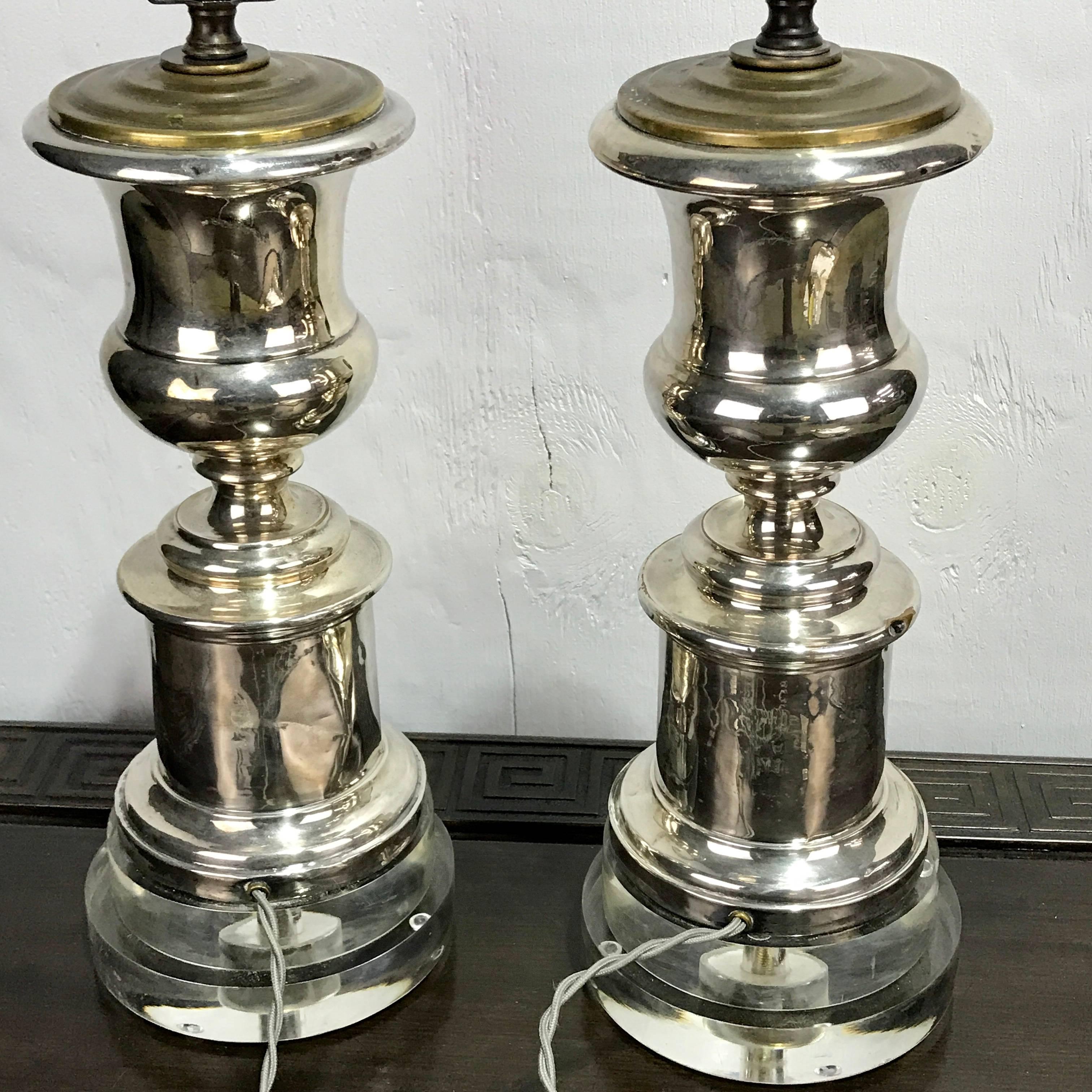 Mid-19th Century Pair of English Regency Silver Plated Urns Now as Lamps