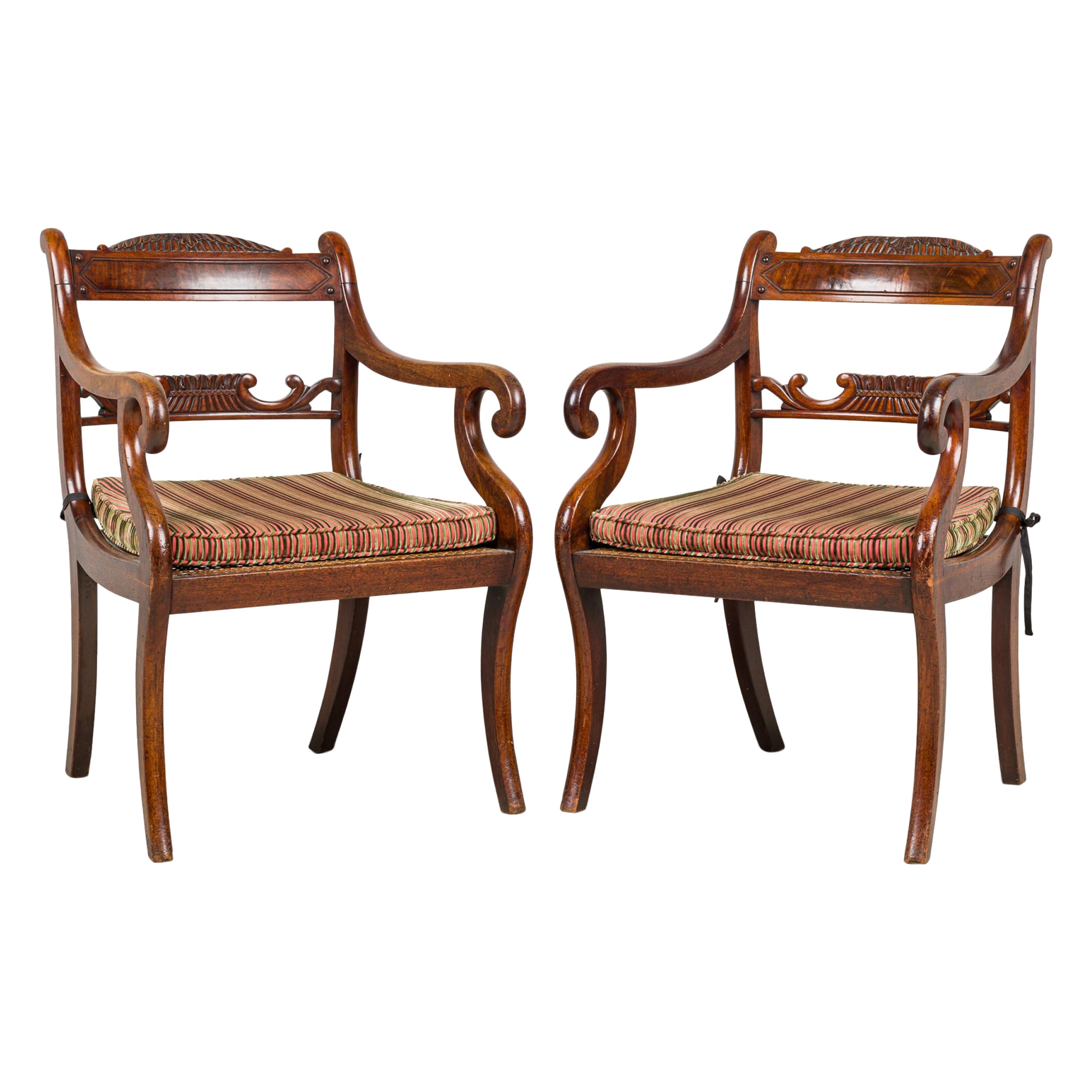 Pair of English Regency style Armchairs With Pink and Brown Cushion im Angebot