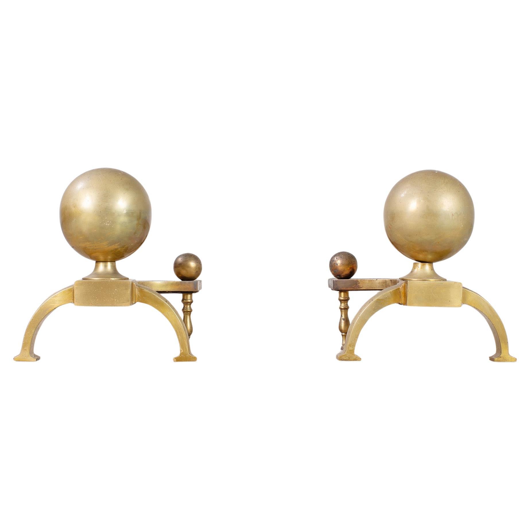 Pair of English Regency Style Brass Cannonball Andirons For Sale