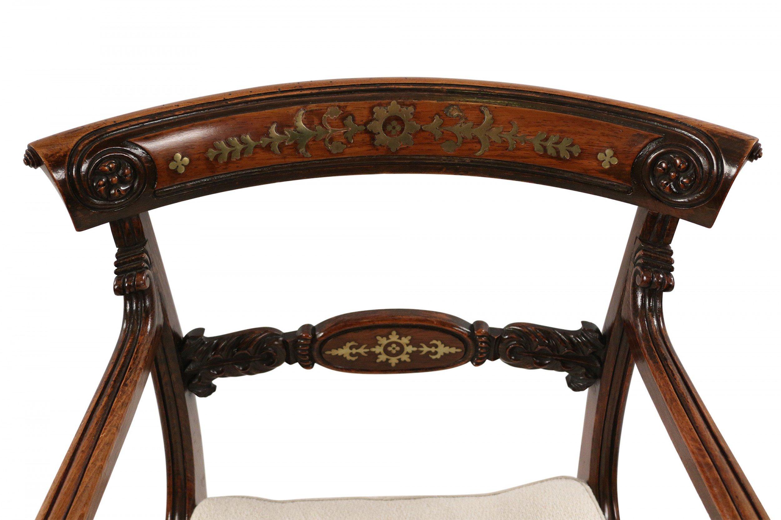 Pair of English Regency Style Brass Inlaid Oak and Cane Armchairs For Sale 3