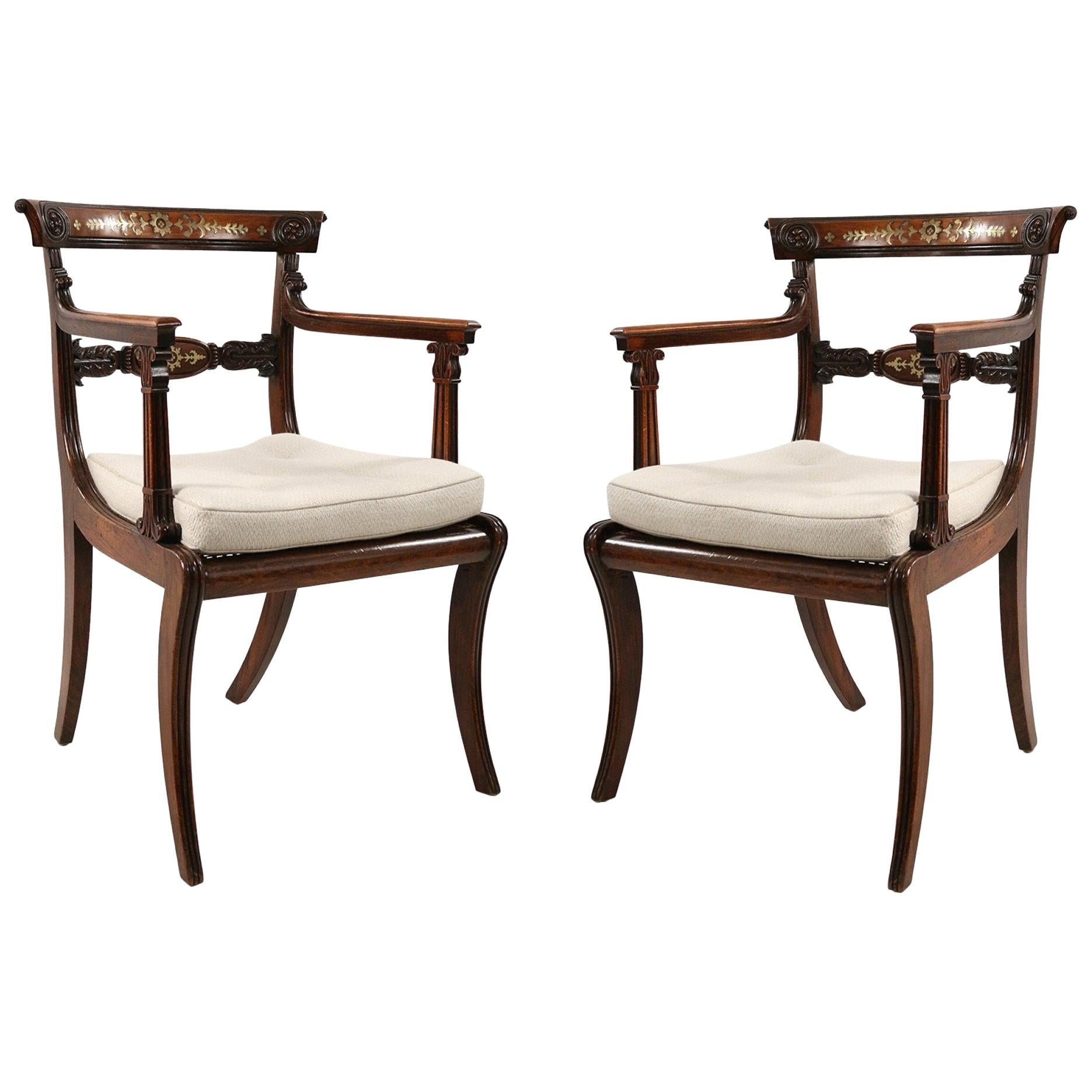 Pair of English Regency Style Brass Inlaid Oak and Cane Armchairs