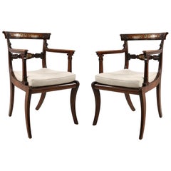 Pair of English Regency Style Brass Inlaid Oak and Cane Armchairs