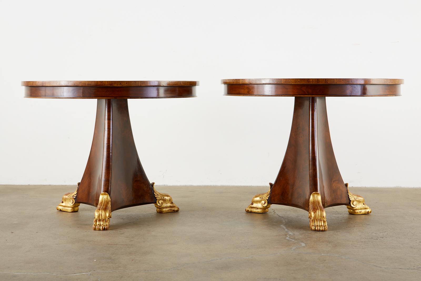 Hand-Crafted Pair of English Regency Style Burl Wood Library or Center Tables For Sale