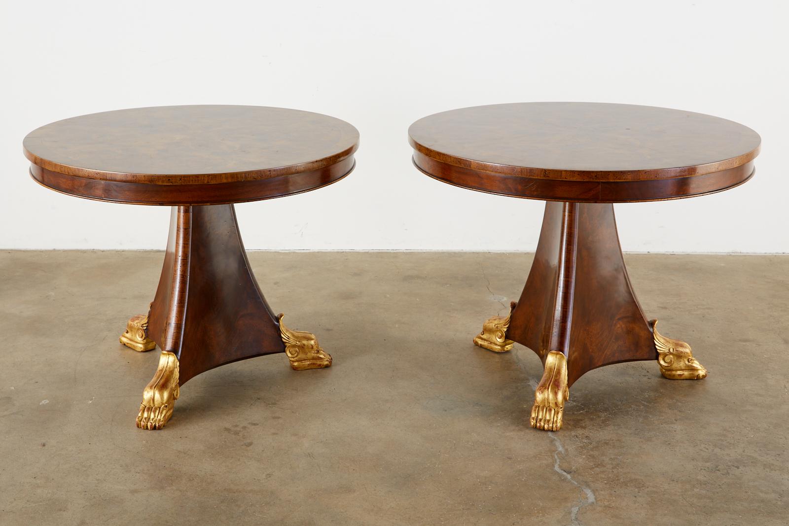 Pair of English Regency Style Burl Wood Library or Center Tables In Good Condition For Sale In Rio Vista, CA