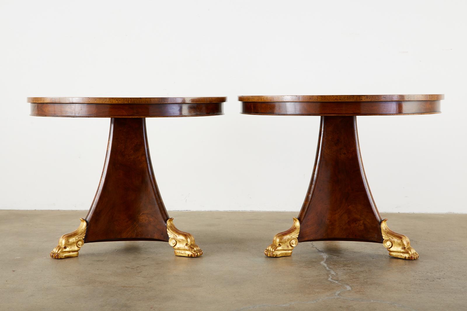 Giltwood Pair of English Regency Style Burl Wood Library or Center Tables For Sale