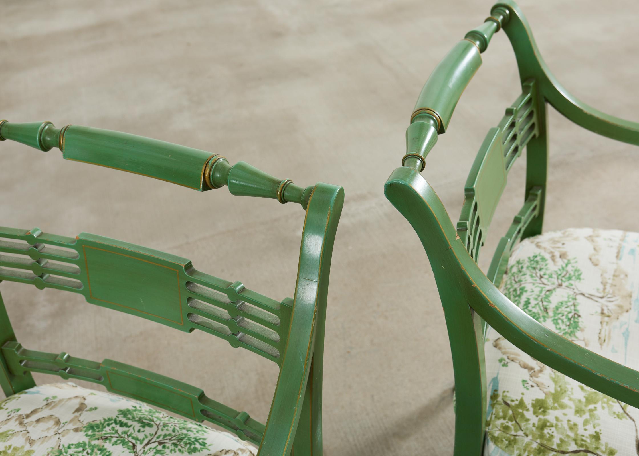 Pair of English Regency Style Caned Painted Elbow Armchairs 4