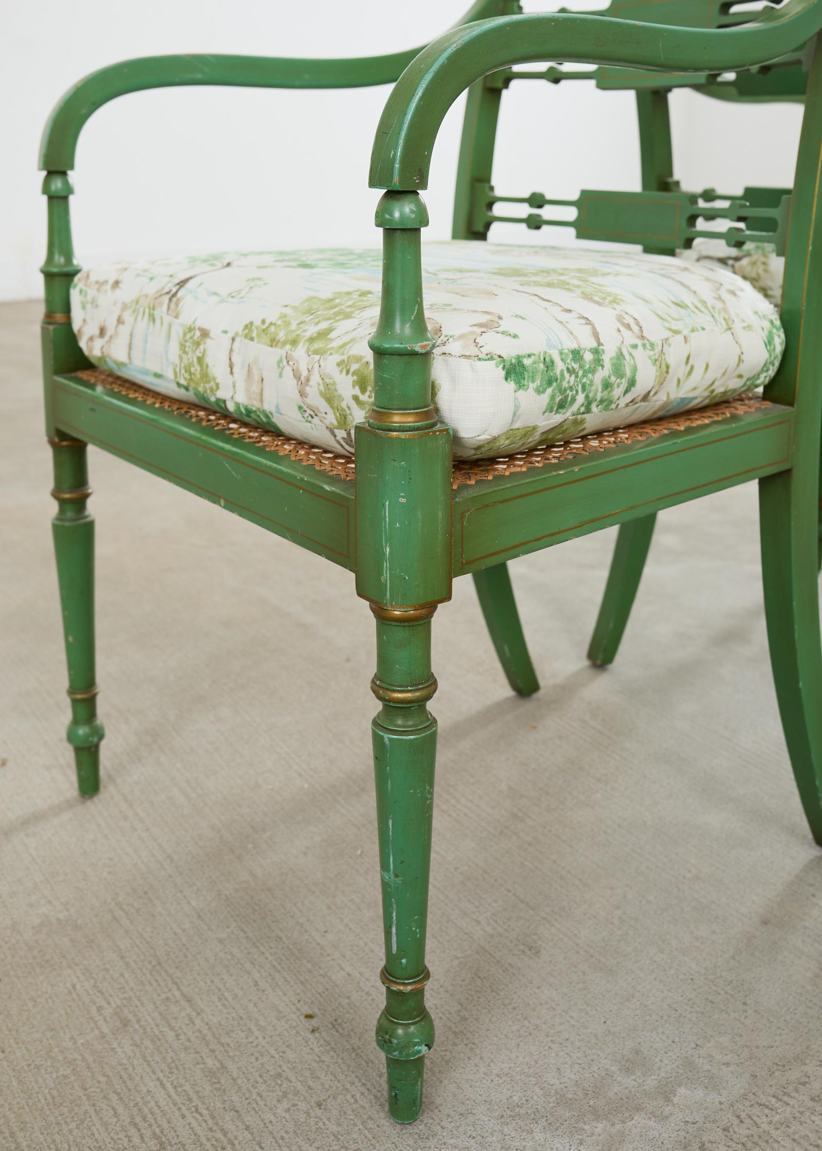 Pair of English Regency Style Caned Painted Elbow Armchairs 9