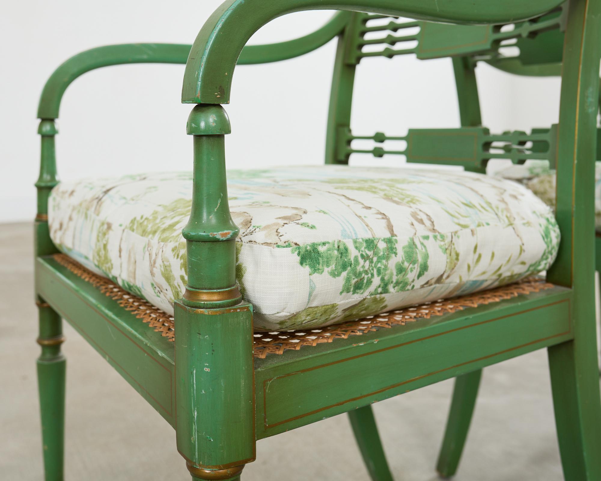 Pair of English Regency Style Caned Painted Elbow Armchairs 11