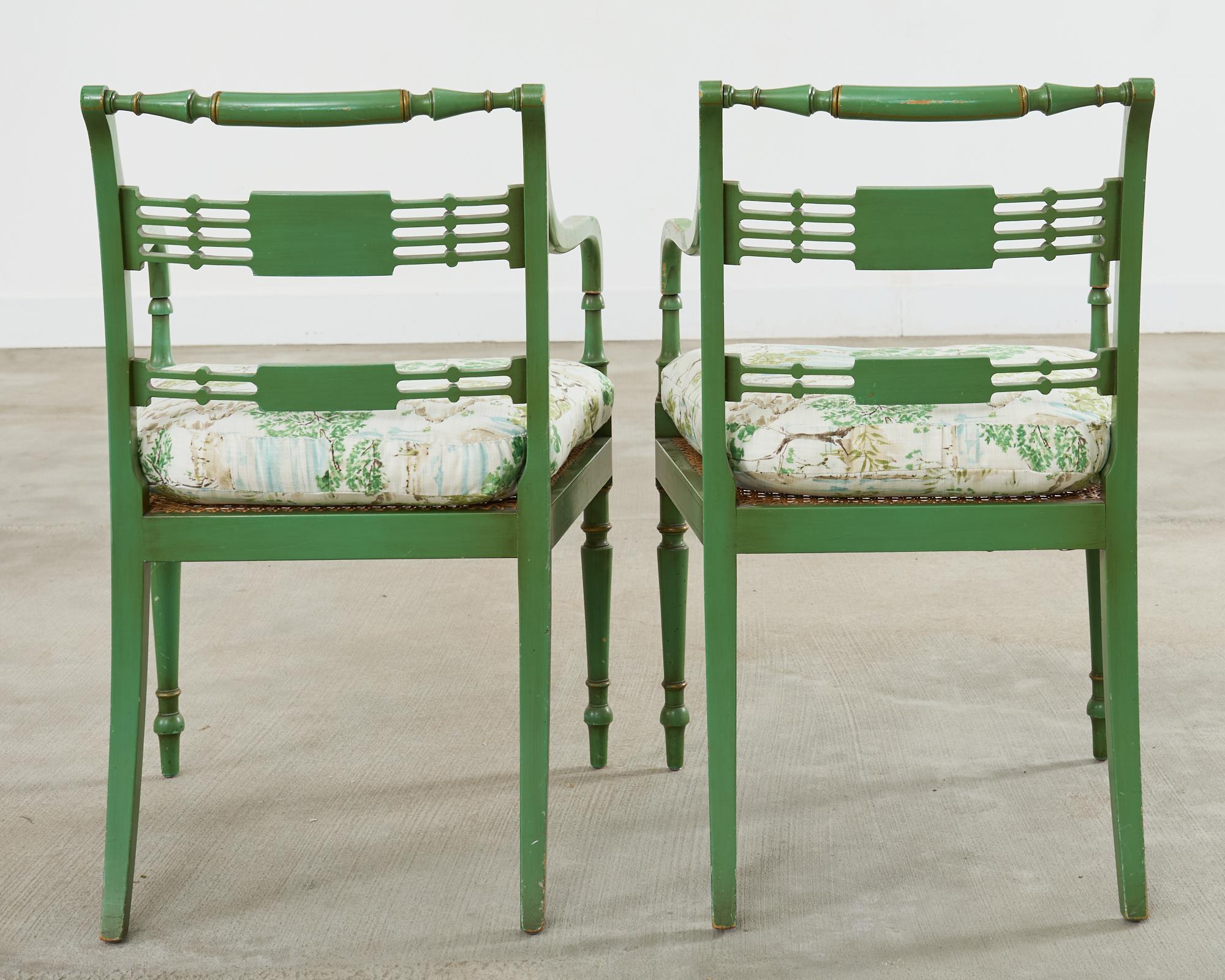 Pair of English Regency Style Caned Painted Elbow Armchairs 13
