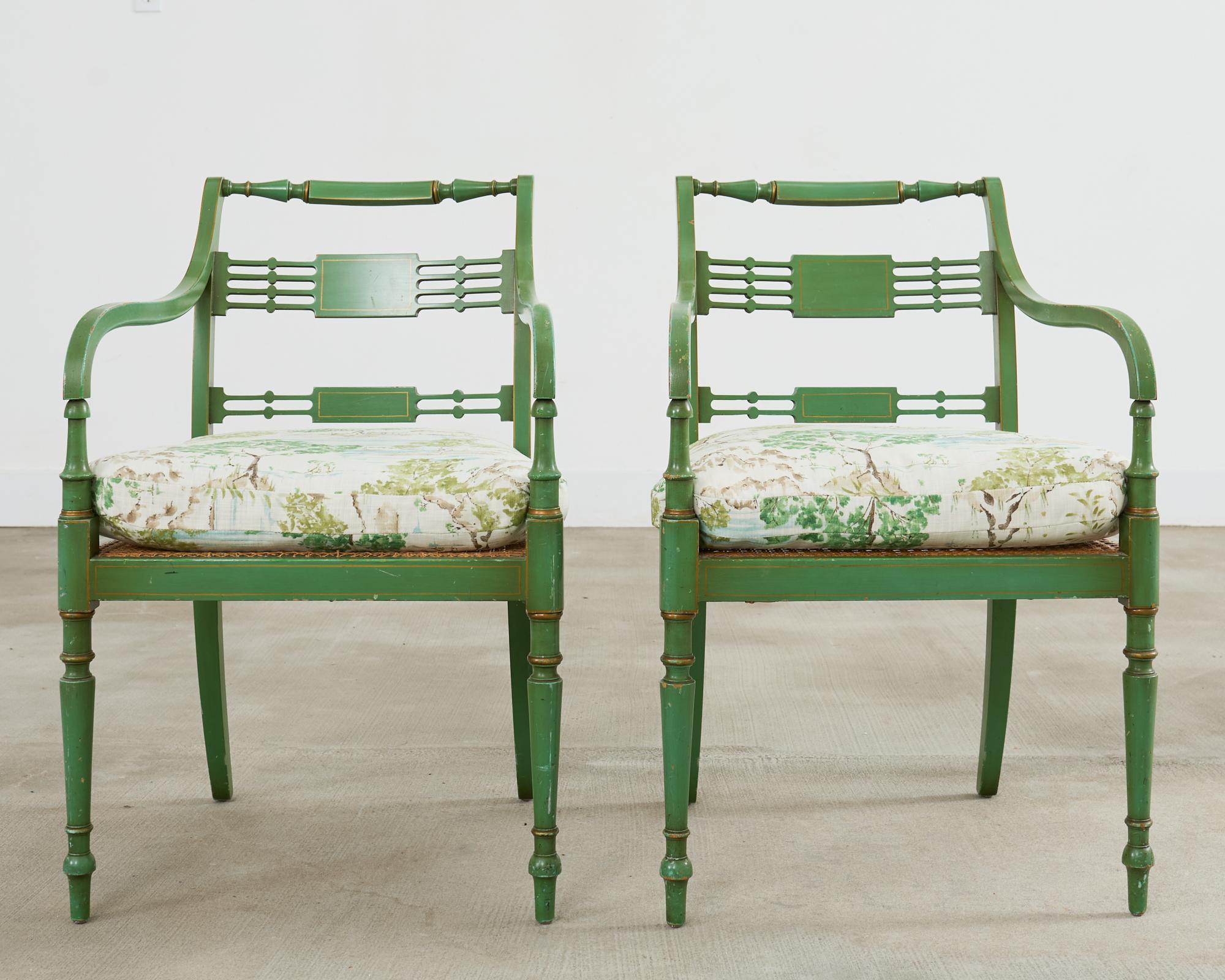 Hand-Crafted Pair of English Regency Style Caned Painted Elbow Armchairs
