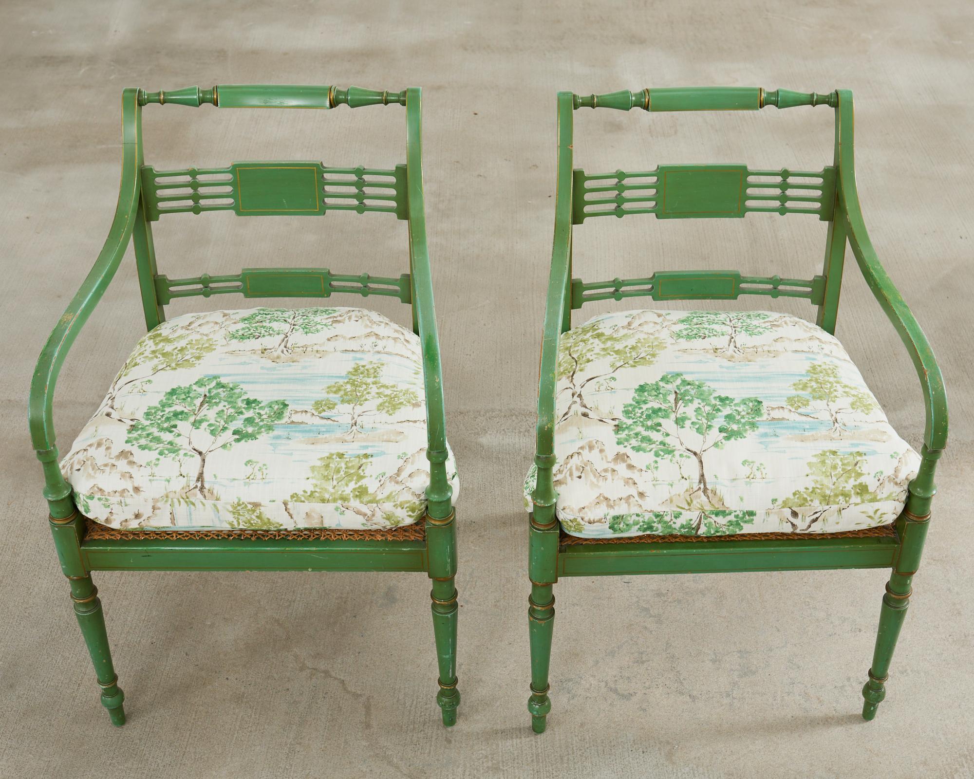Pair of English Regency Style Caned Painted Elbow Armchairs In Distressed Condition In Rio Vista, CA