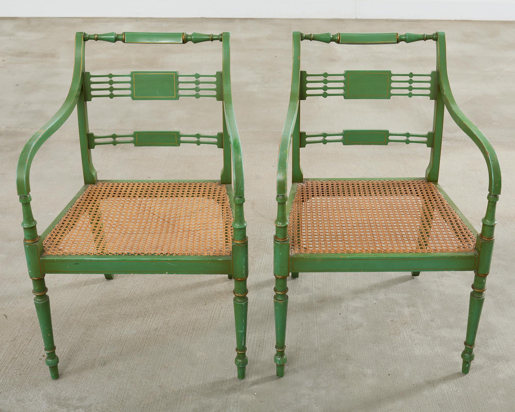 19th Century Pair of English Regency Style Caned Painted Elbow Armchairs
