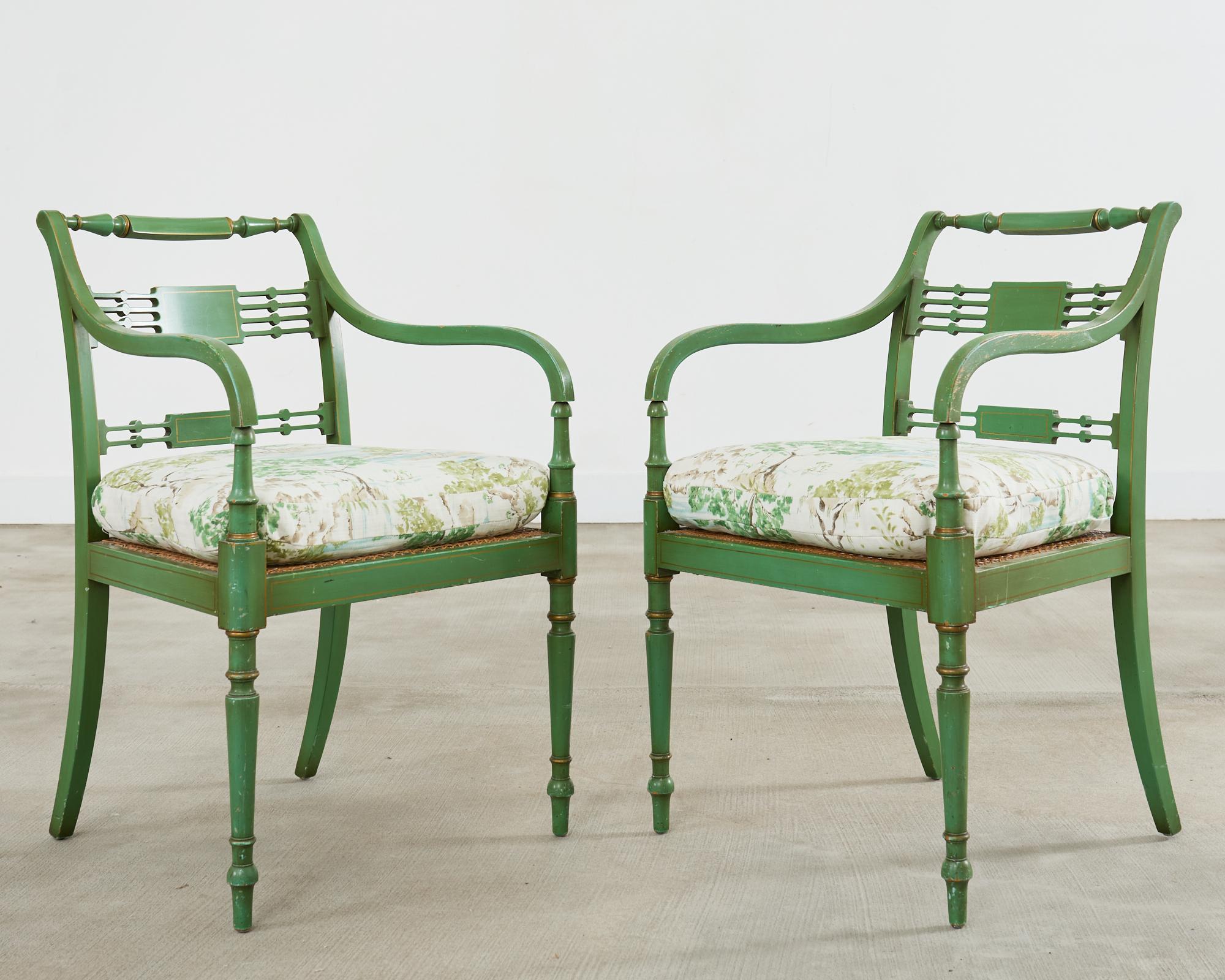 Fabric Pair of English Regency Style Caned Painted Elbow Armchairs