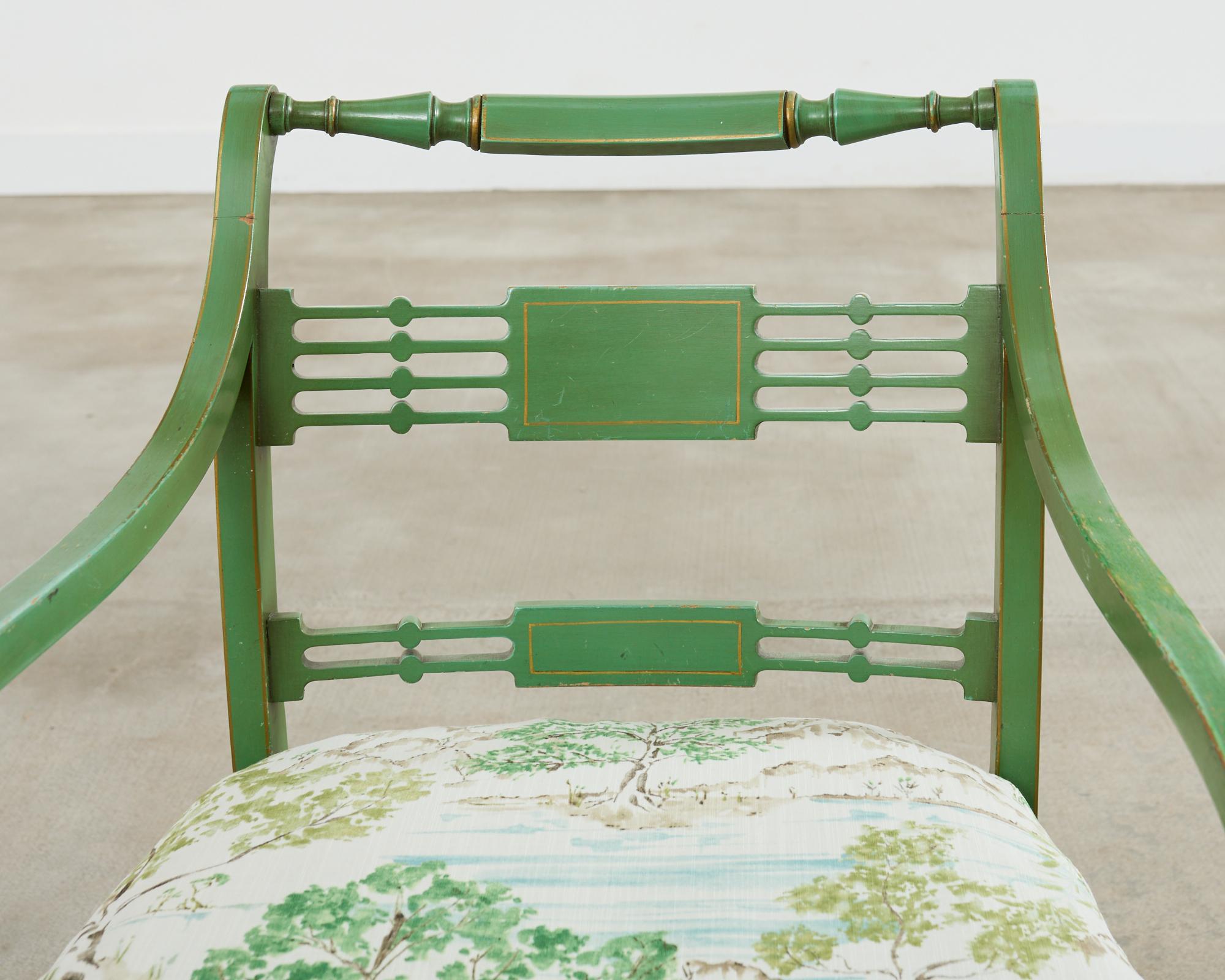 Pair of English Regency Style Caned Painted Elbow Armchairs 2