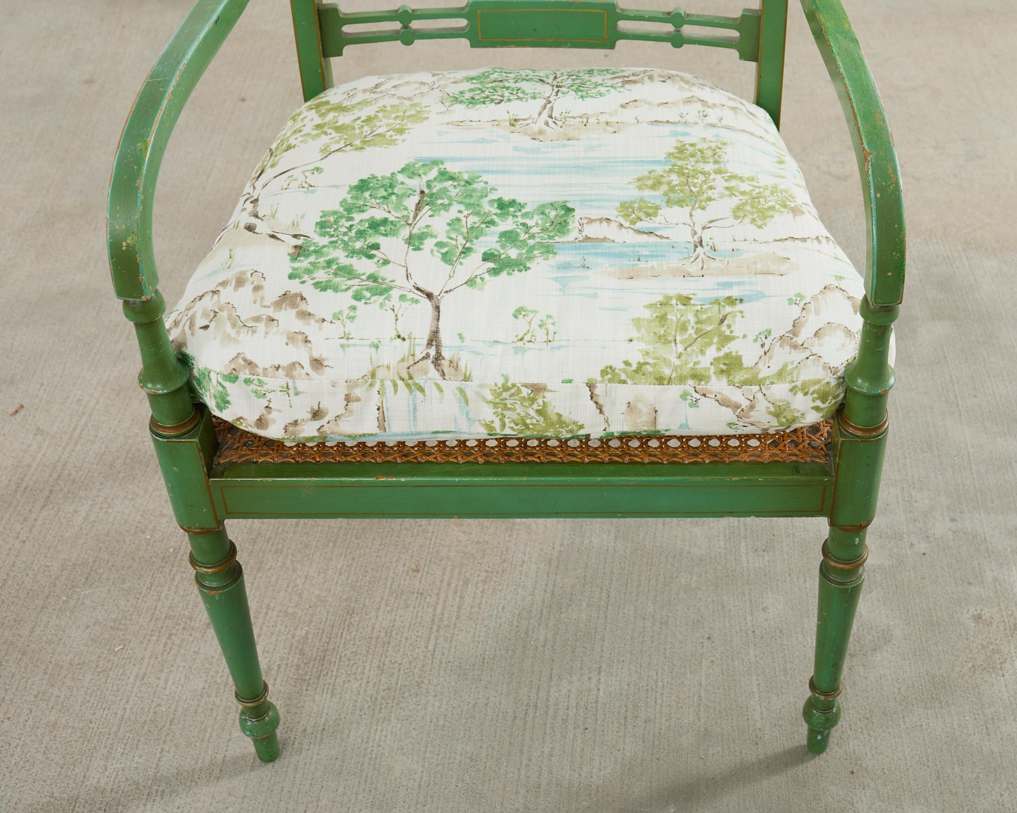 Pair of English Regency Style Caned Painted Elbow Armchairs 3