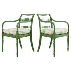 Pair of English Regency Style Caned Painted Elbow Armchairs