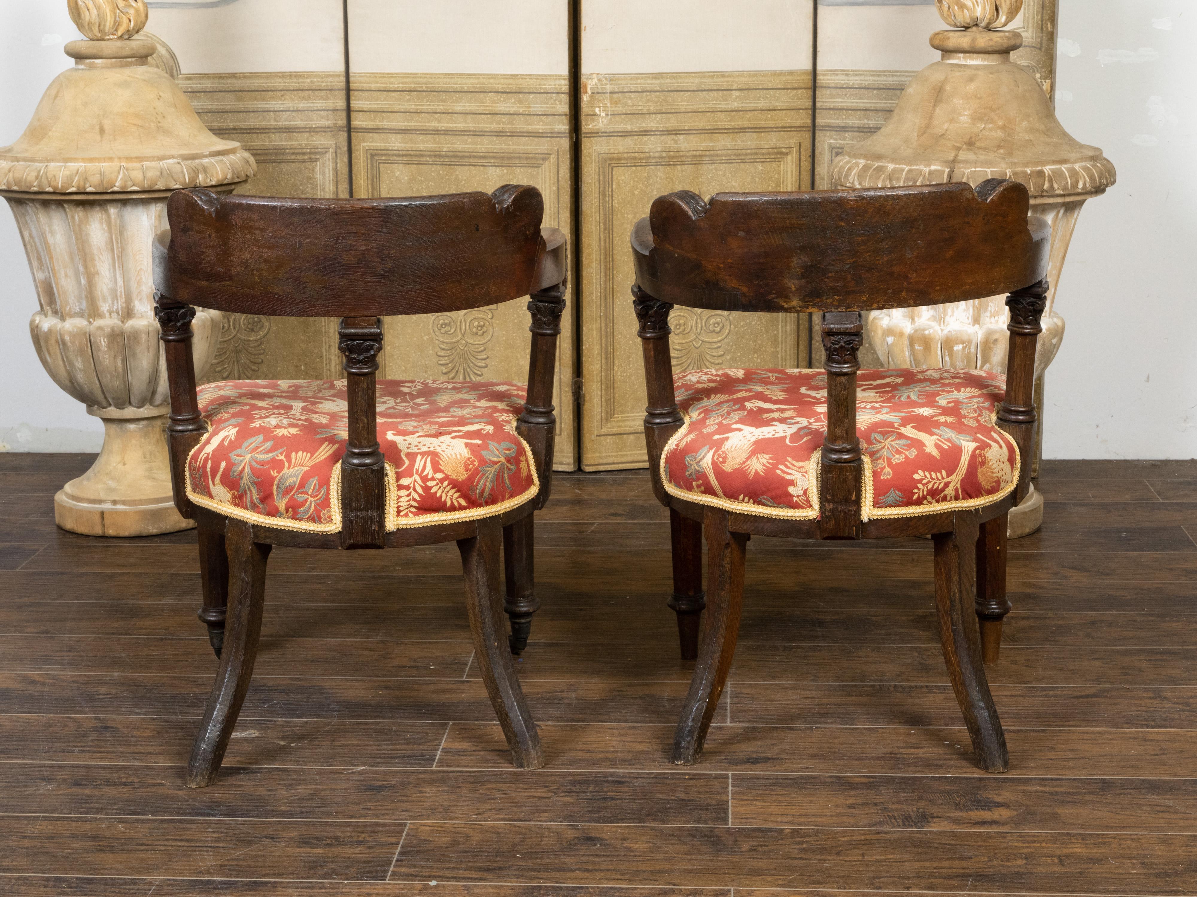 Fabric Pair of English Regency Style Carved Oak Klismos Chairs with Horseshoe Backs For Sale