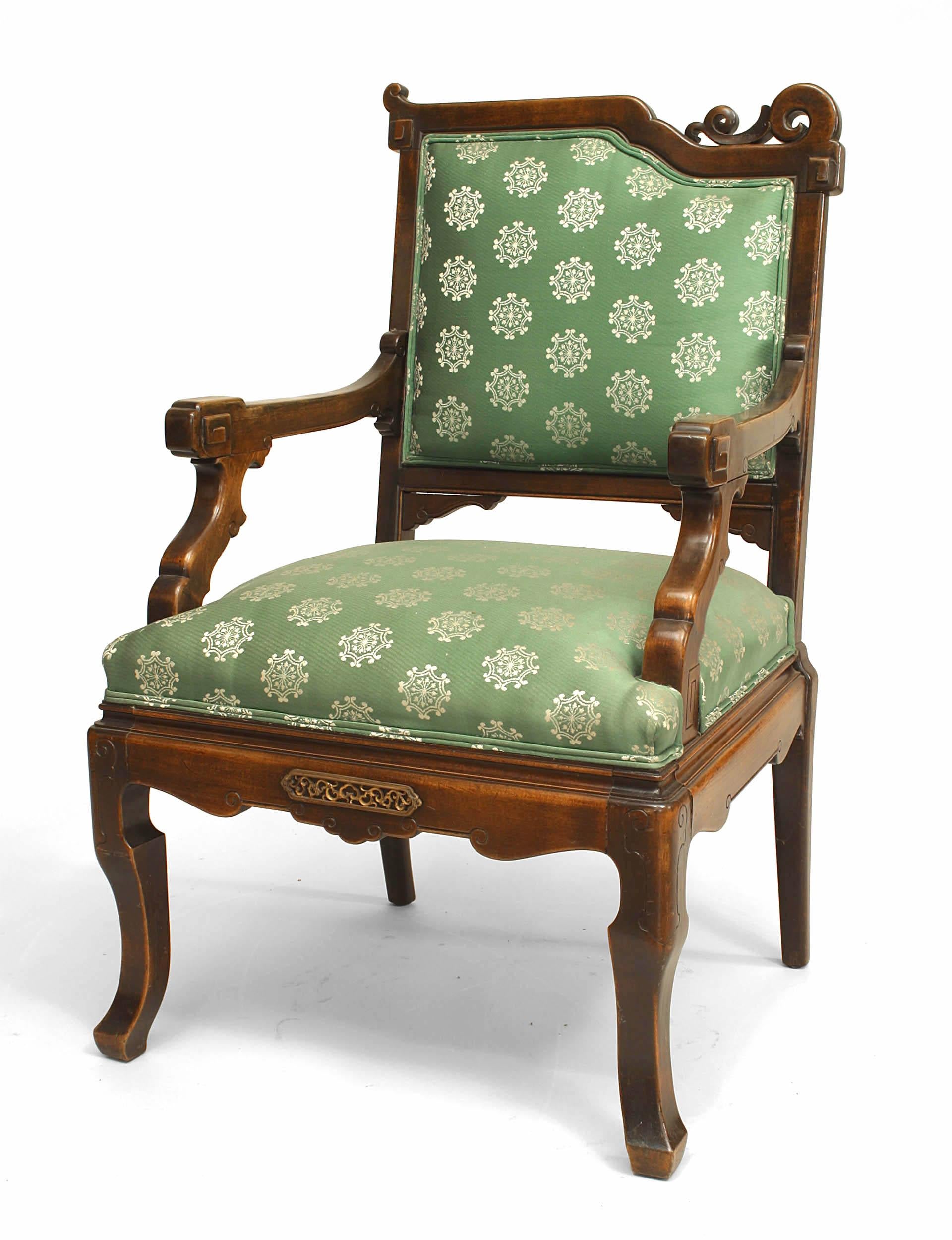 Pair of English Regency-style (19/20th Century) Chinoiserie design mahogany arm hairs with green patterned upholstery (attributed to VIODOT) (PRICED AS Pair)
