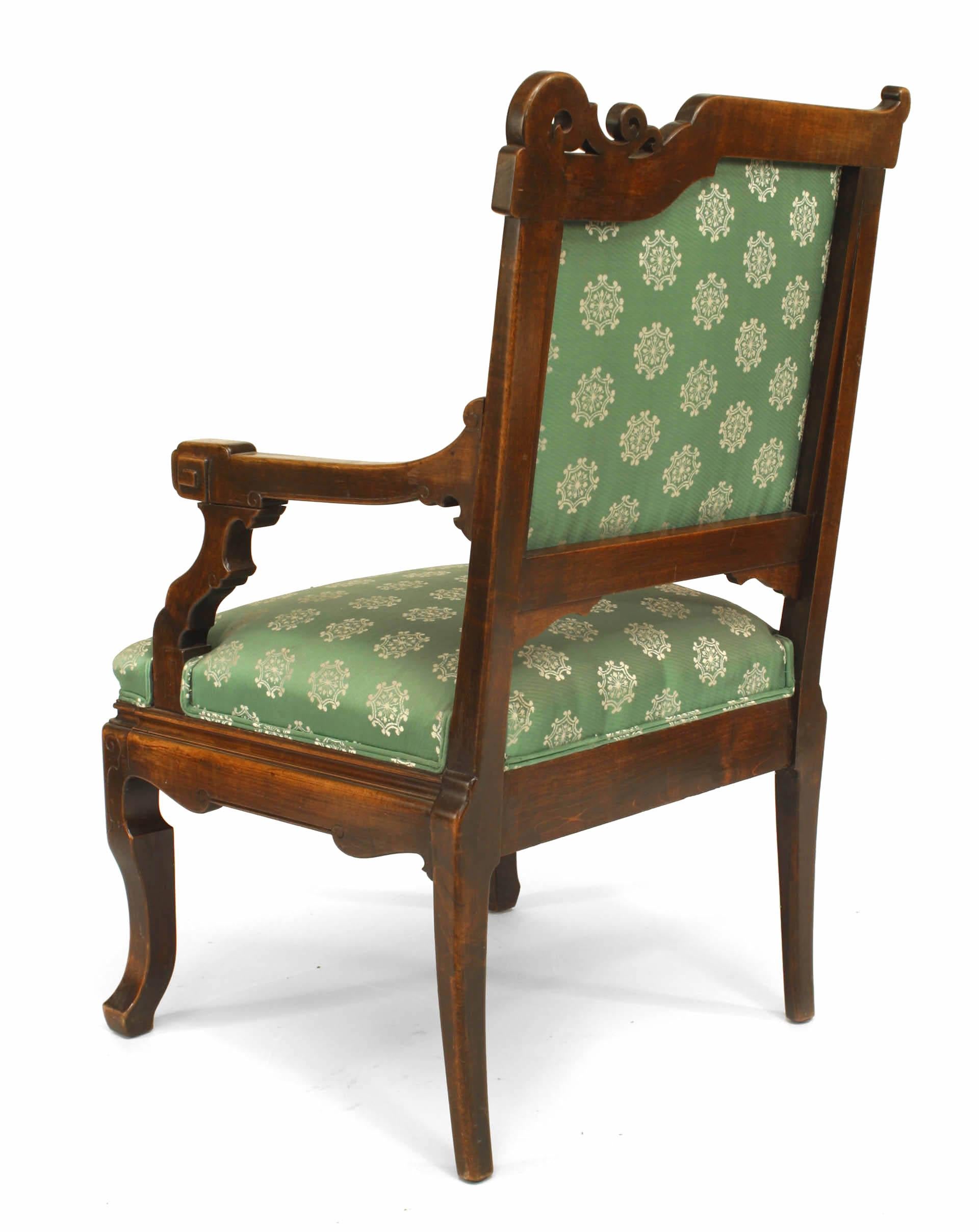 Pair of Viotdot English Regency Chinoiserie Mahogany Green Upholstered Armchairs In Good Condition For Sale In New York, NY