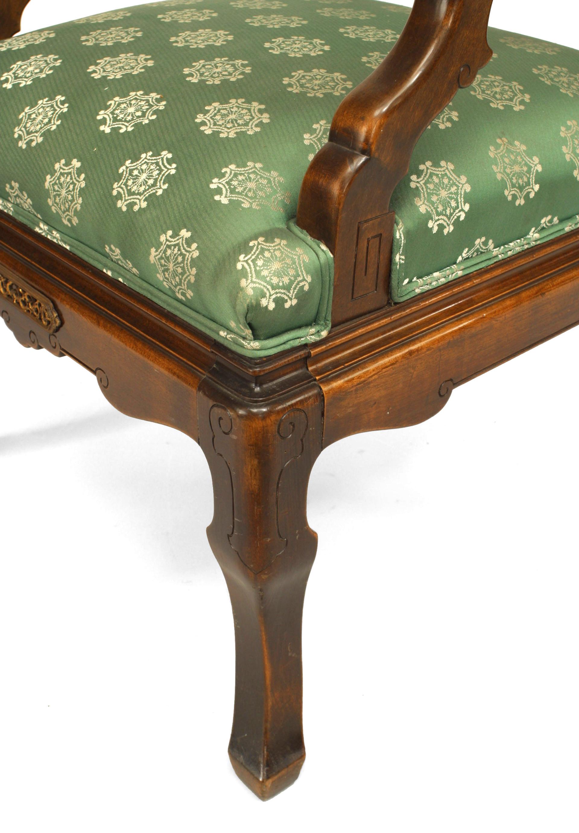 Upholstery Pair of Viotdot English Regency Chinoiserie Mahogany Green Upholstered Armchairs For Sale