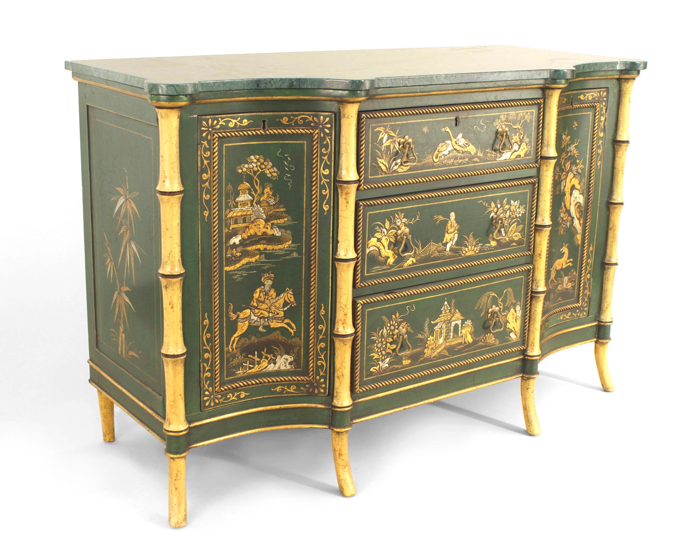 Pair of English Regency style (20th Century) green lacquered Chinoiserie design commodes with 2 concave doors & 3 drawers and faux bamboo trim & green marble top (PRICED AS Pair).
