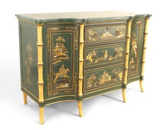 Pair of English Regency Chinoiserie Faux Bamboo and Green Marble Commodes