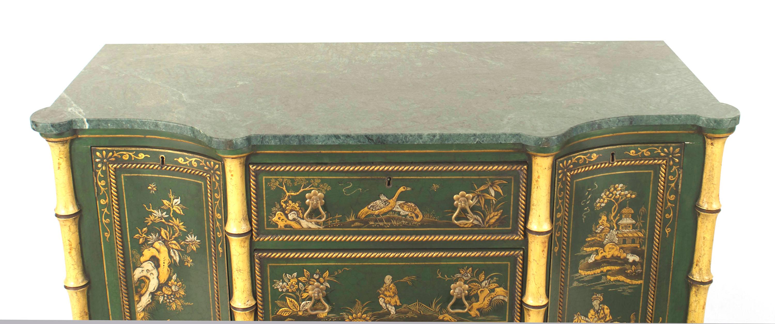 Painted Pair of English Regency Chinoiserie Faux Bamboo and Green Marble Commodes