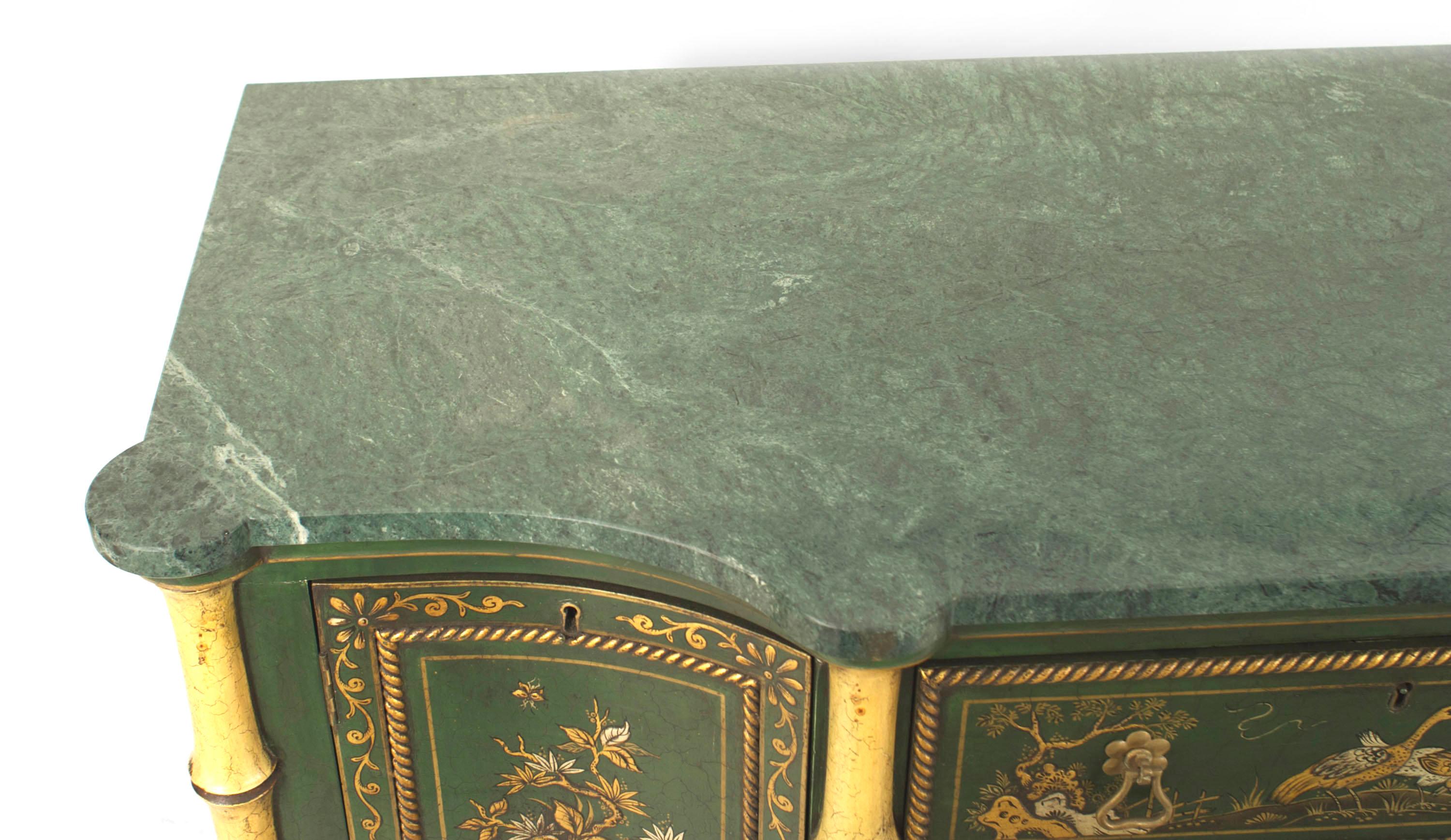 Pair of English Regency Chinoiserie Faux Bamboo and Green Marble Commodes In Good Condition In New York, NY