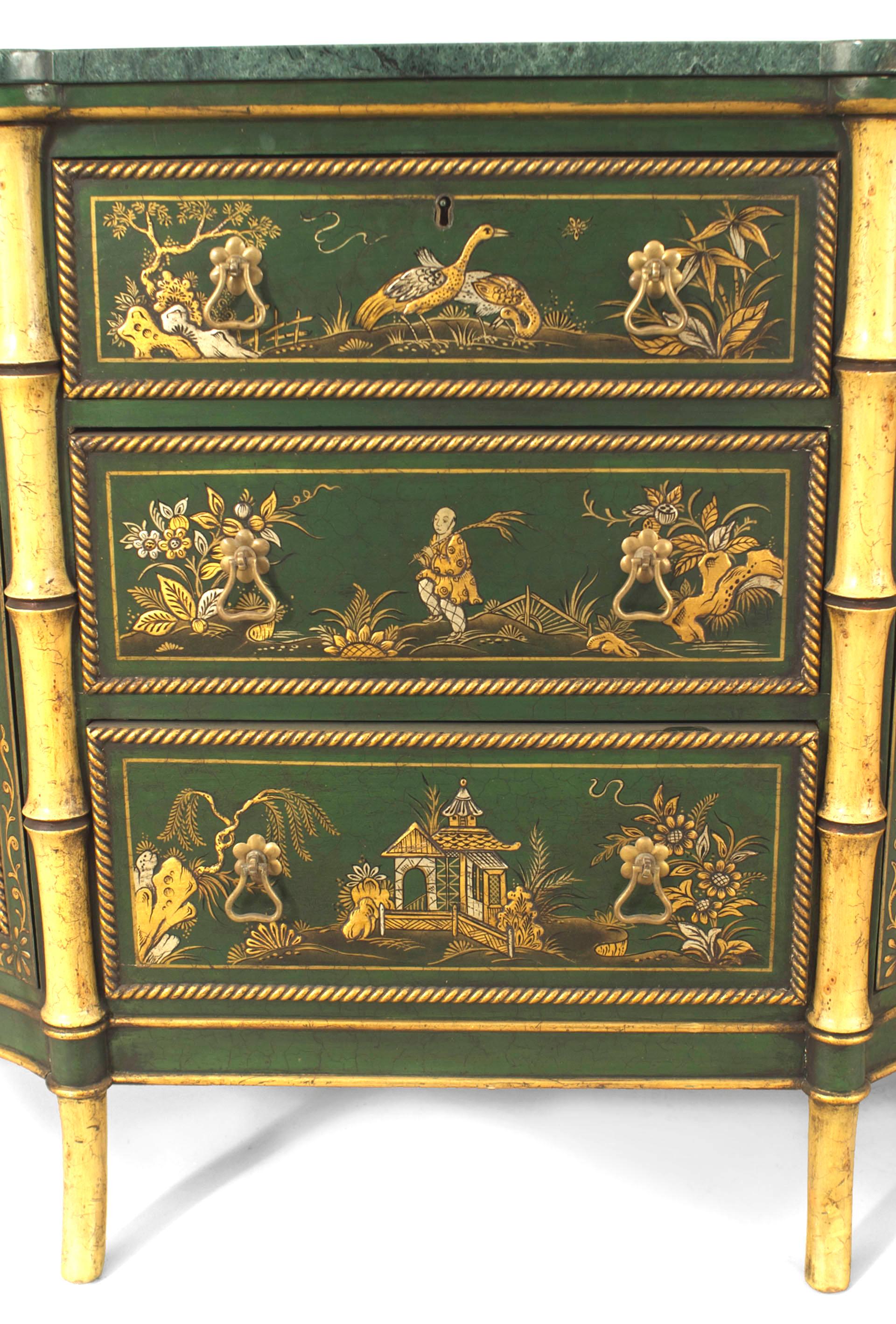 20th Century Pair of English Regency Chinoiserie Faux Bamboo and Green Marble Commodes
