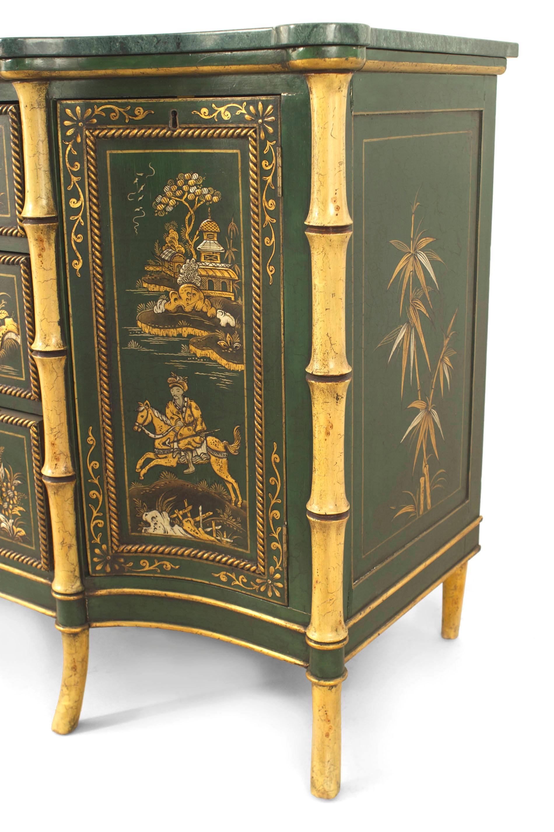 Pair of English Regency Chinoiserie Faux Bamboo and Green Marble Commodes 1