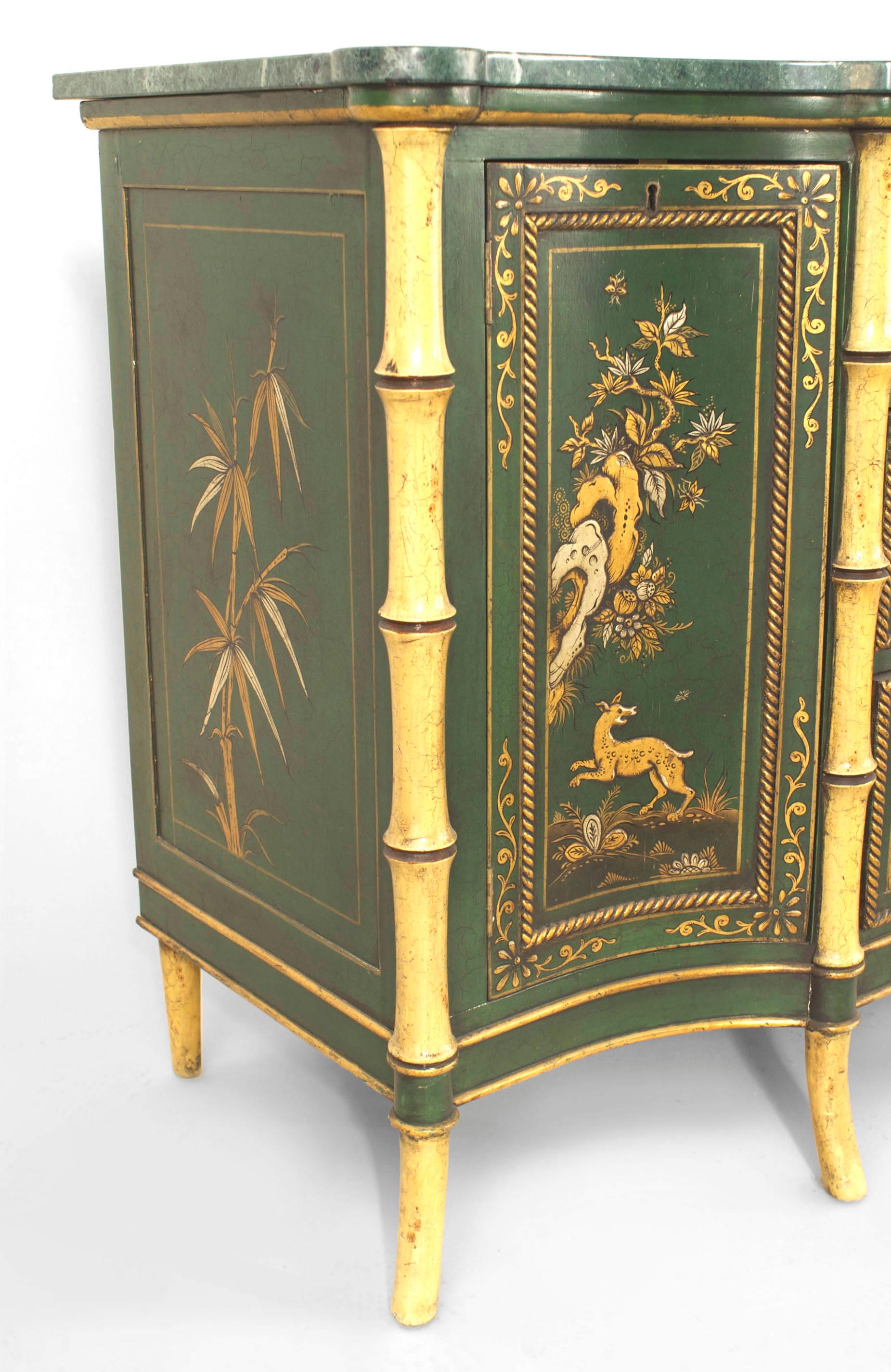 Pair of English Regency Chinoiserie Faux Bamboo and Green Marble Commodes 2