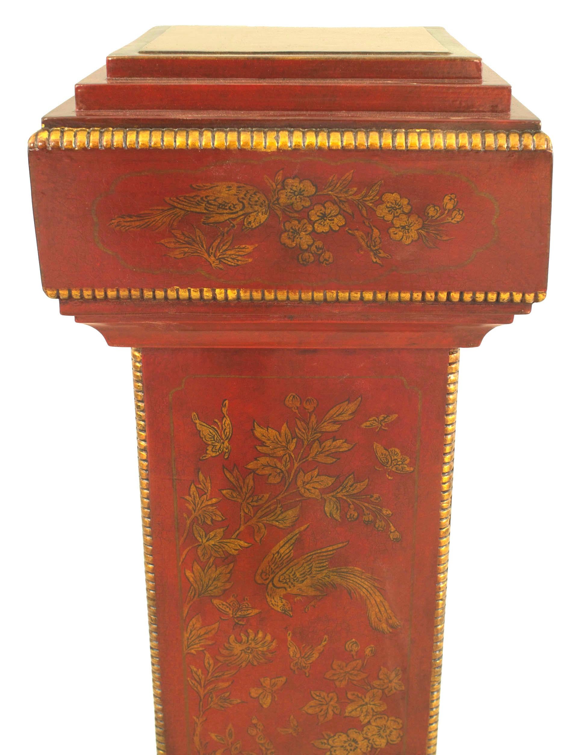 Pair of English Regency Red Lacquered Pedestals In Good Condition For Sale In New York, NY
