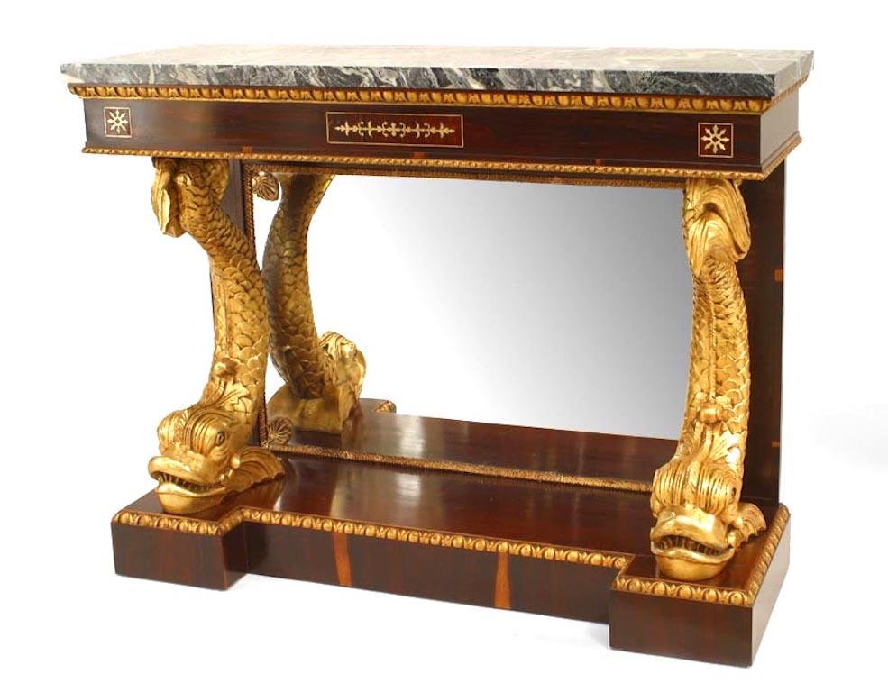 Pair of English Regency-style (20th Century) rosewood console tables with brass inlaid trim and two gilt carved dolphins resting on a platform base with a mirror backing & marble top. (Related item: 056500) (PRICED AS Pair)
