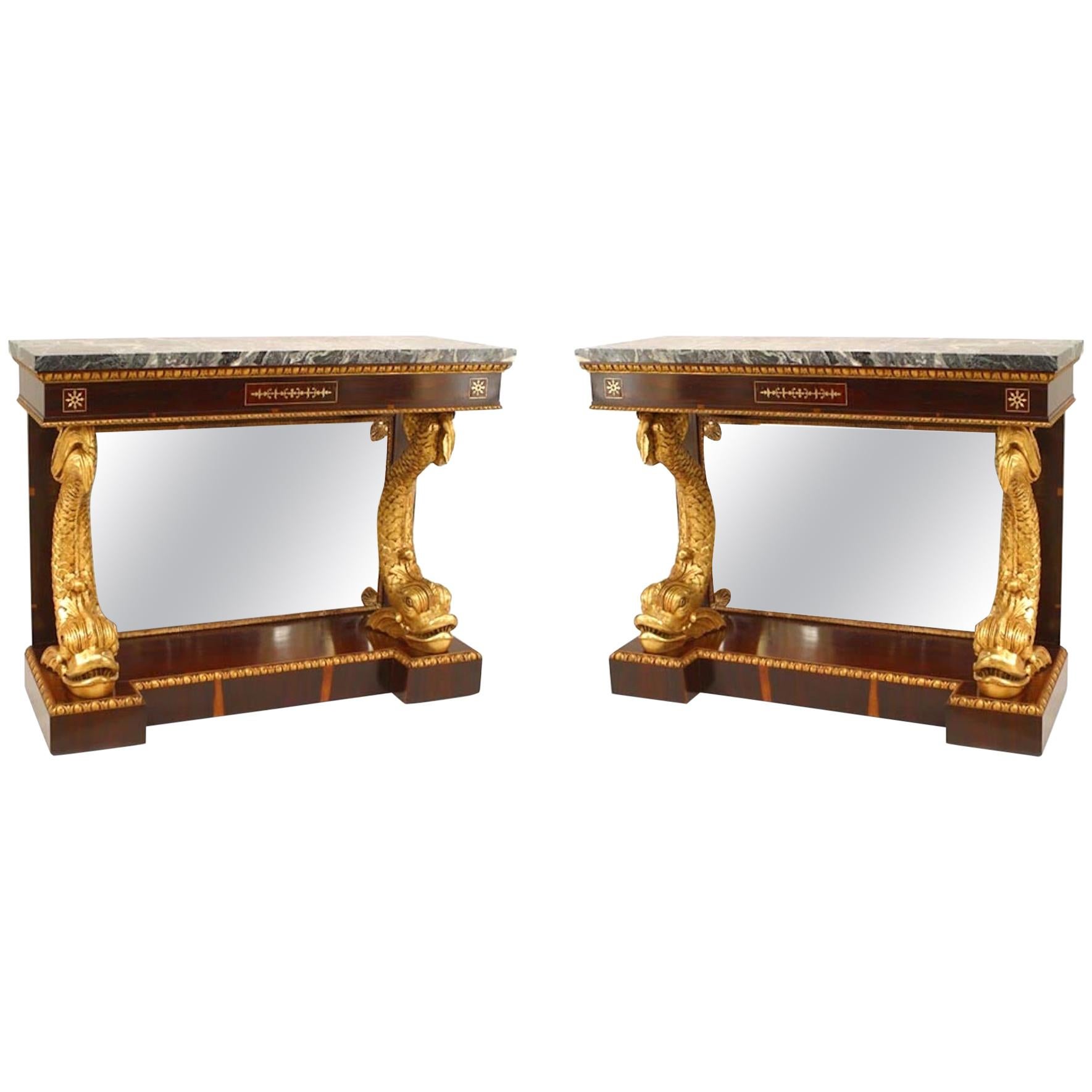 Pair of English Regency Rosewood Gilt Dolphin Console Tables