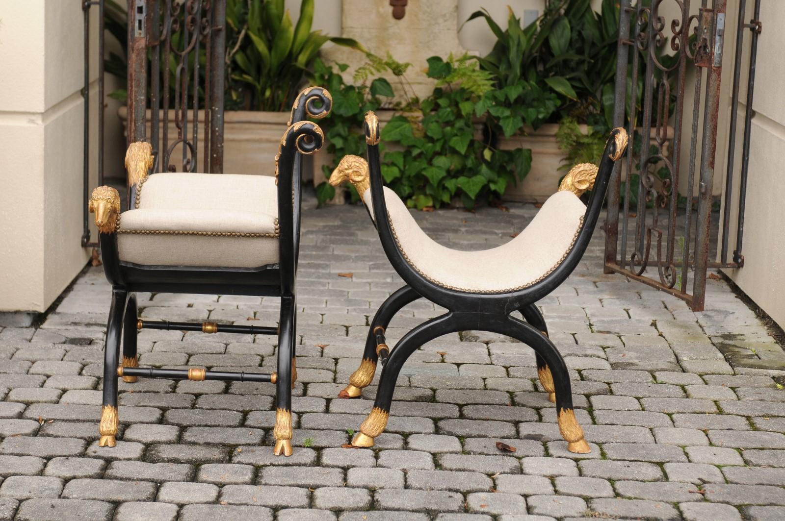 Pair of English Regency Style Ebonized and Parcel-Gilt Curule Stools, circa 1880 5