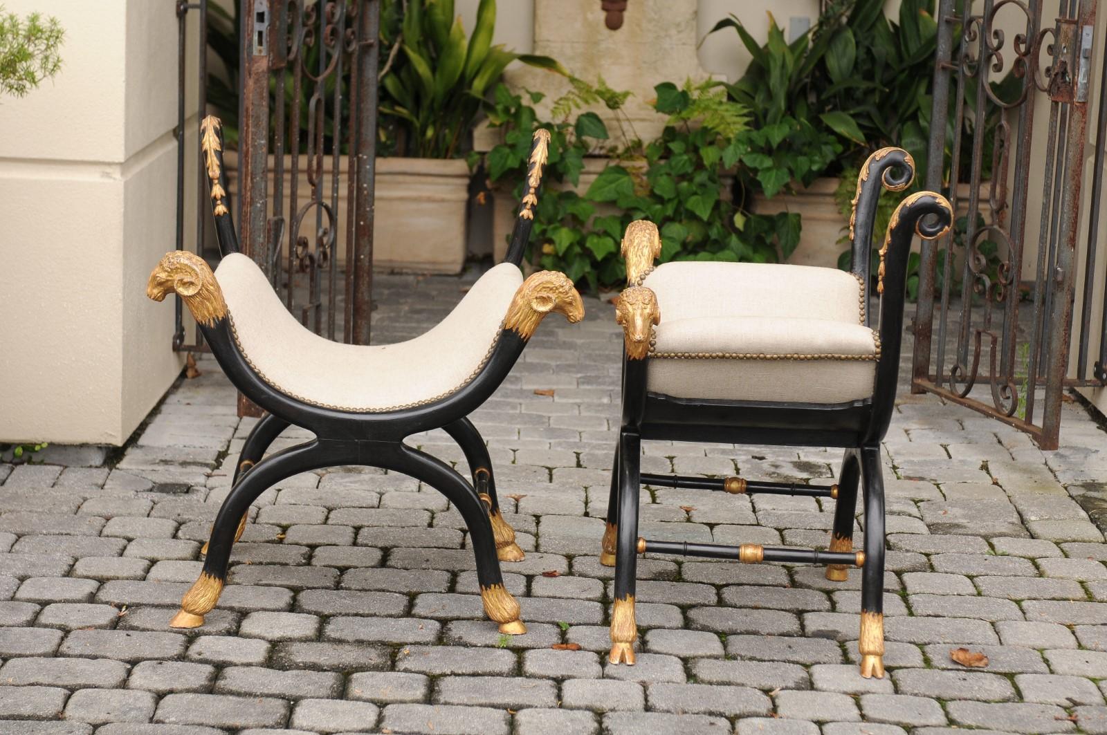 Pair of English Regency Style Ebonized and Parcel-Gilt Curule Stools, circa 1880 6