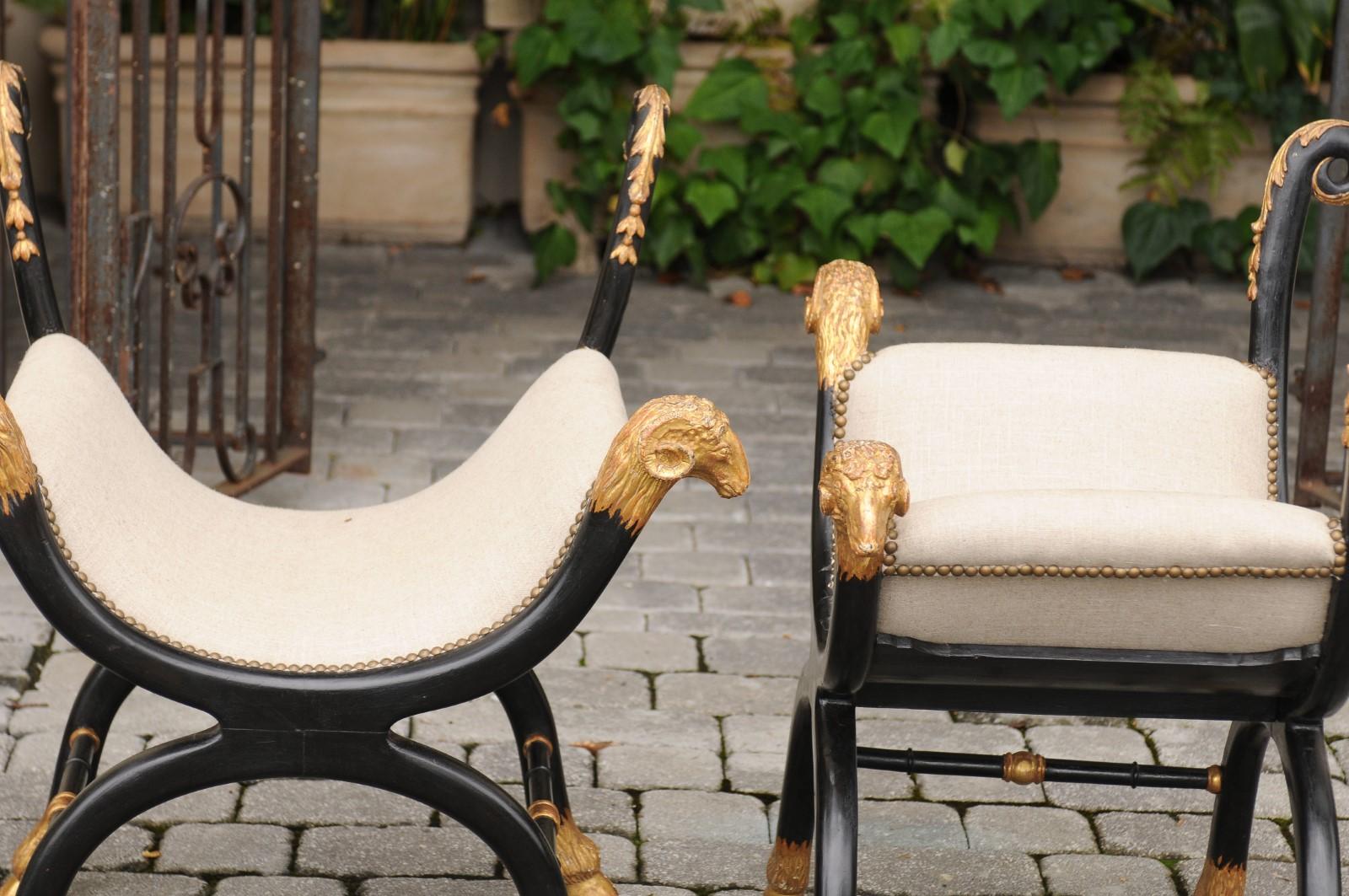 Pair of English Regency Style Ebonized and Parcel-Gilt Curule Stools, circa 1880 7