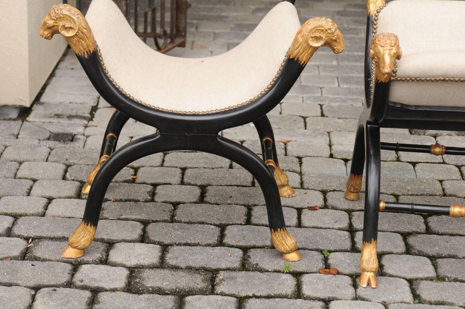 Pair of English Regency Style Ebonized and Parcel-Gilt Curule Stools, circa 1880 8