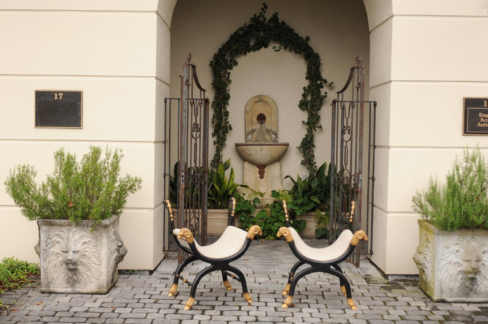 Pair of English Regency Style Ebonized and Parcel-Gilt Curule Stools, circa 1880 In Good Condition In Atlanta, GA