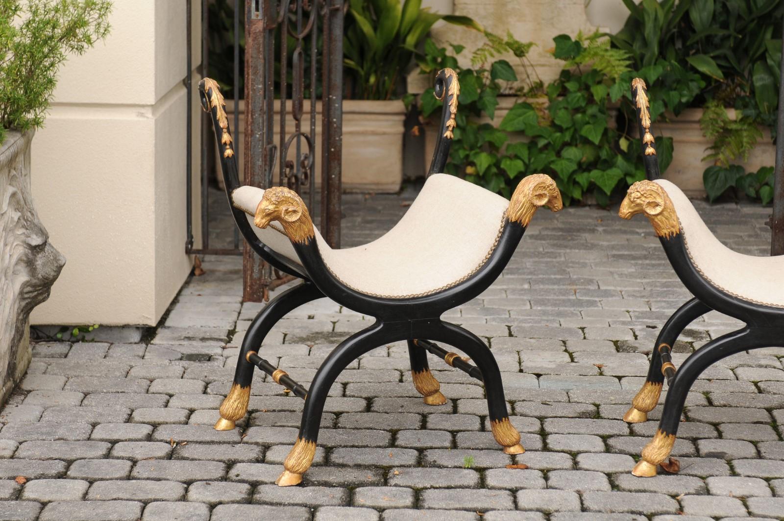 19th Century Pair of English Regency Style Ebonized and Parcel-Gilt Curule Stools, circa 1880