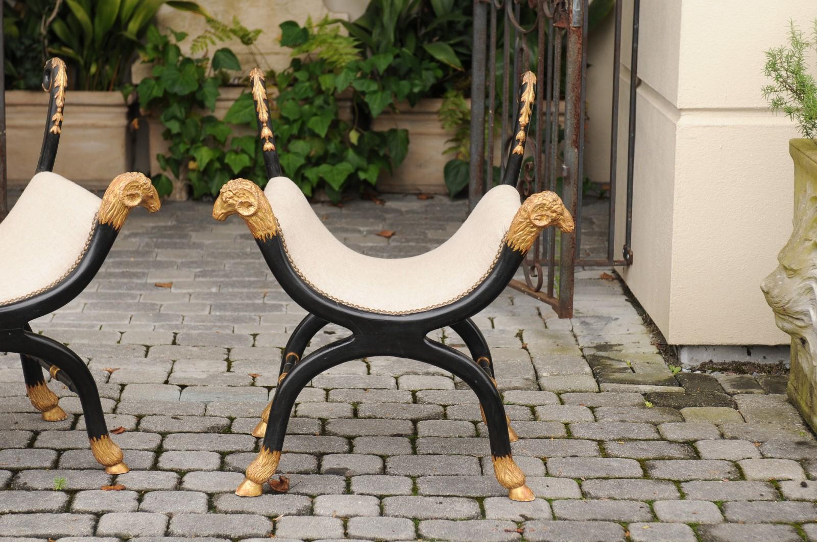 Upholstery Pair of English Regency Style Ebonized and Parcel-Gilt Curule Stools, circa 1880