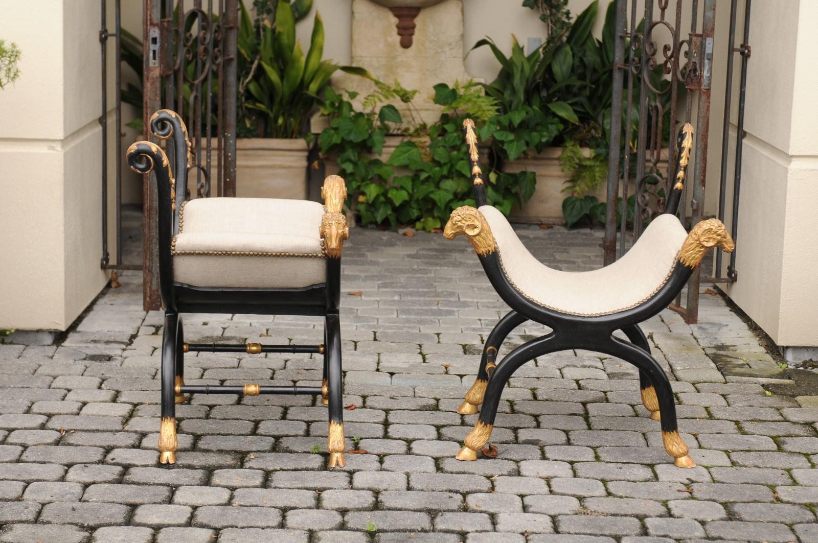 Pair of English Regency Style Ebonized and Parcel-Gilt Curule Stools, circa 1880 1