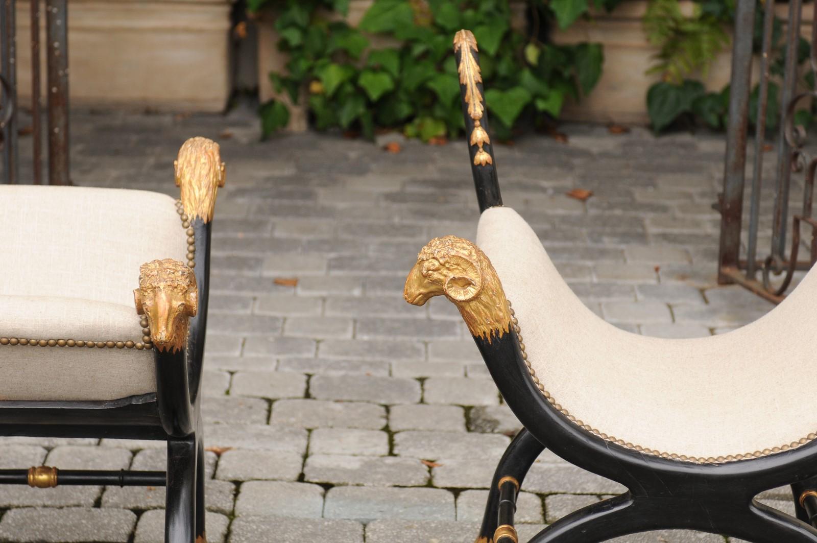 Pair of English Regency Style Ebonized and Parcel-Gilt Curule Stools, circa 1880 2