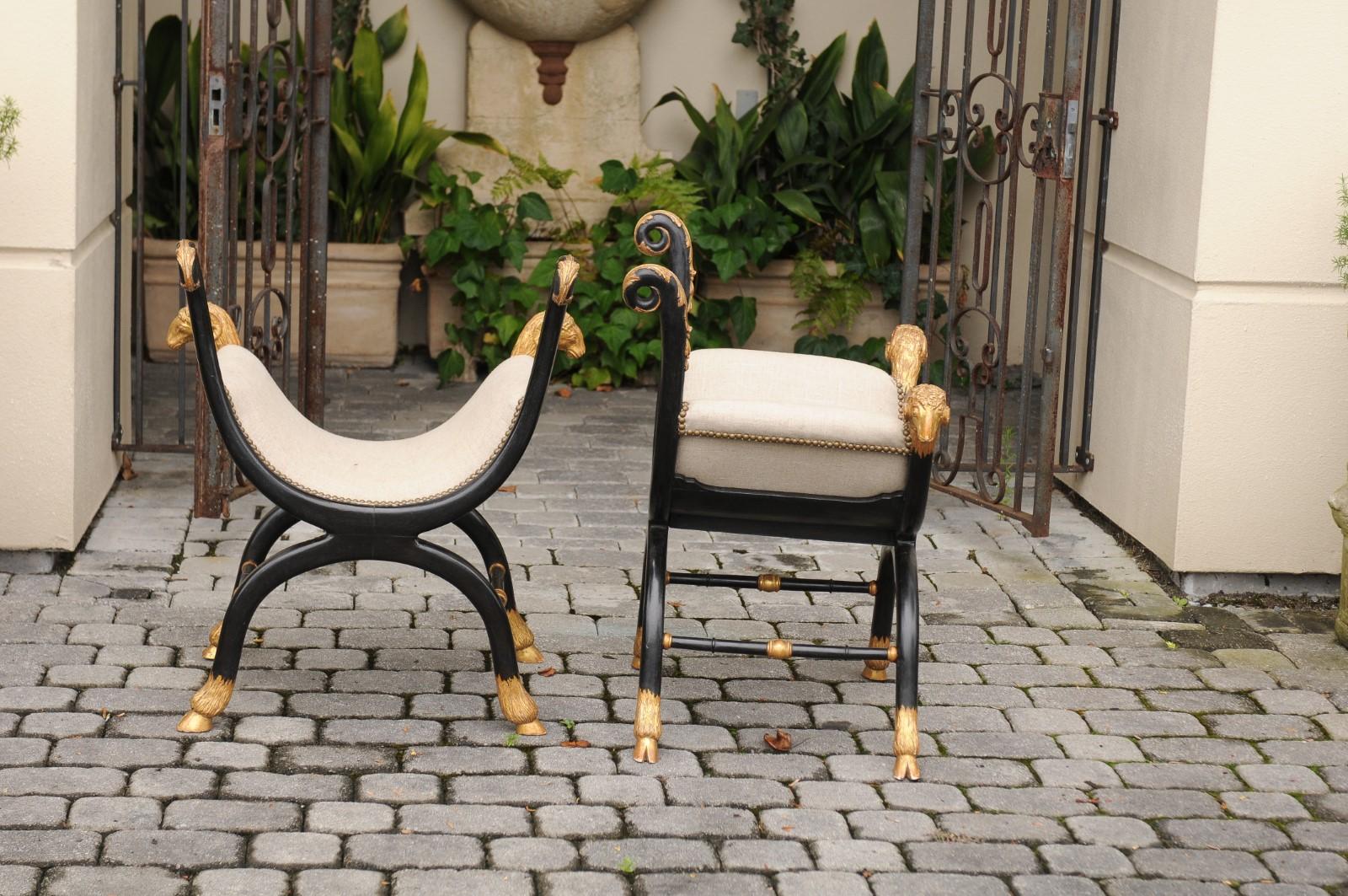 Pair of English Regency Style Ebonized and Parcel-Gilt Curule Stools, circa 1880 4