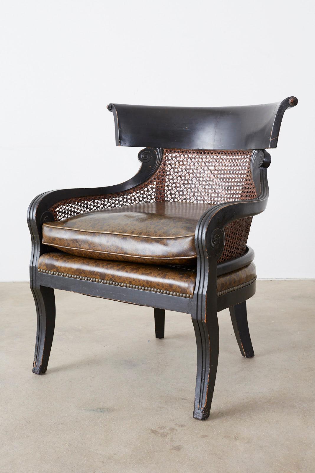 Hand-Crafted Pair of English Regency Style Ebonized Klismos Chairs