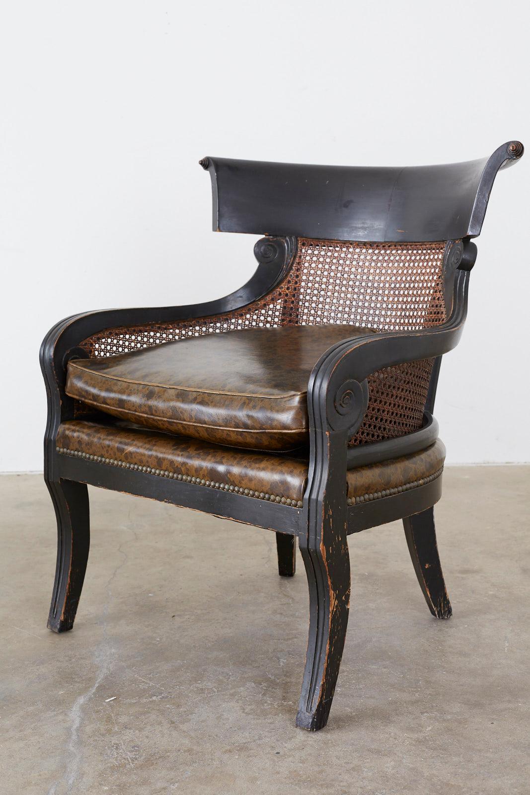 Pair of English Regency Style Ebonized Klismos Chairs In Distressed Condition In Rio Vista, CA