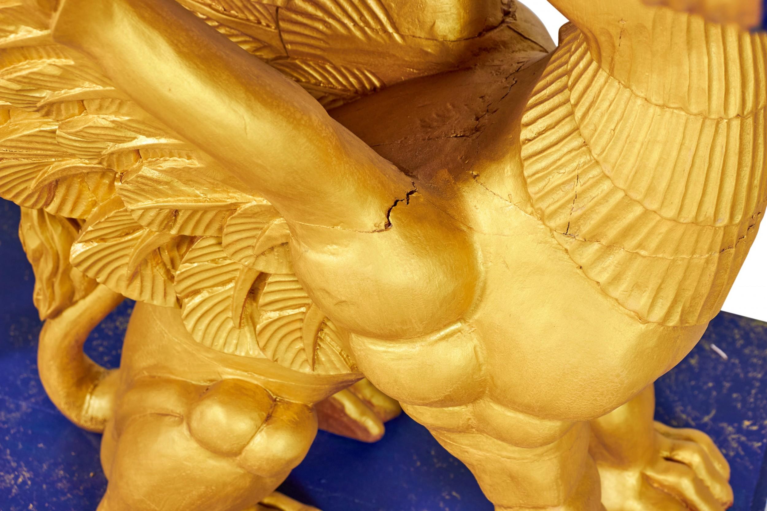 Pair of English Regency Style Gilt Eagle Base and Faux Blue Stone Console Tables For Sale 3